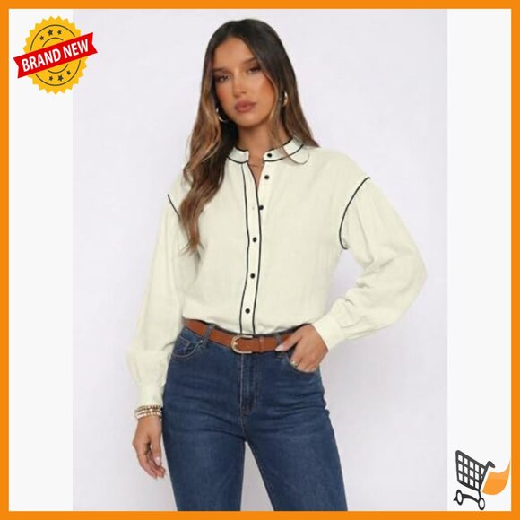 Cotton Blend Button Down Blouse Lantern Sleeves Regular Fit Office Casual - Picture 5 of 7